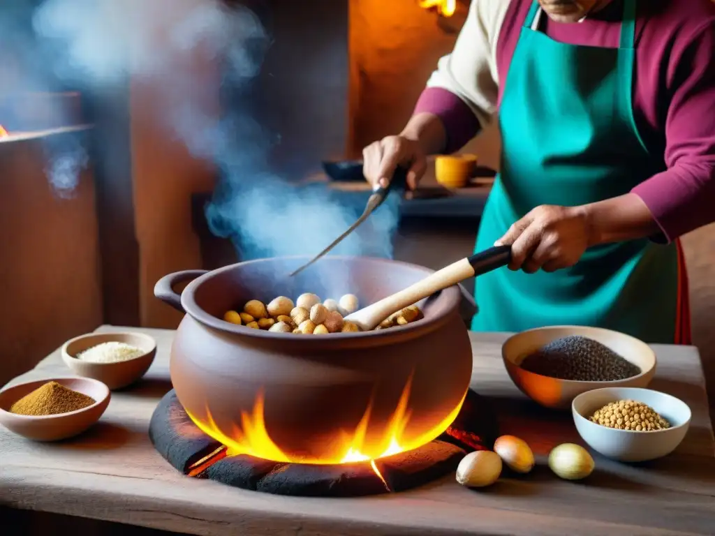 Chef peruano preparando Carapulcra en cocina tradicional, con ingredientes y utensilios precolombinos