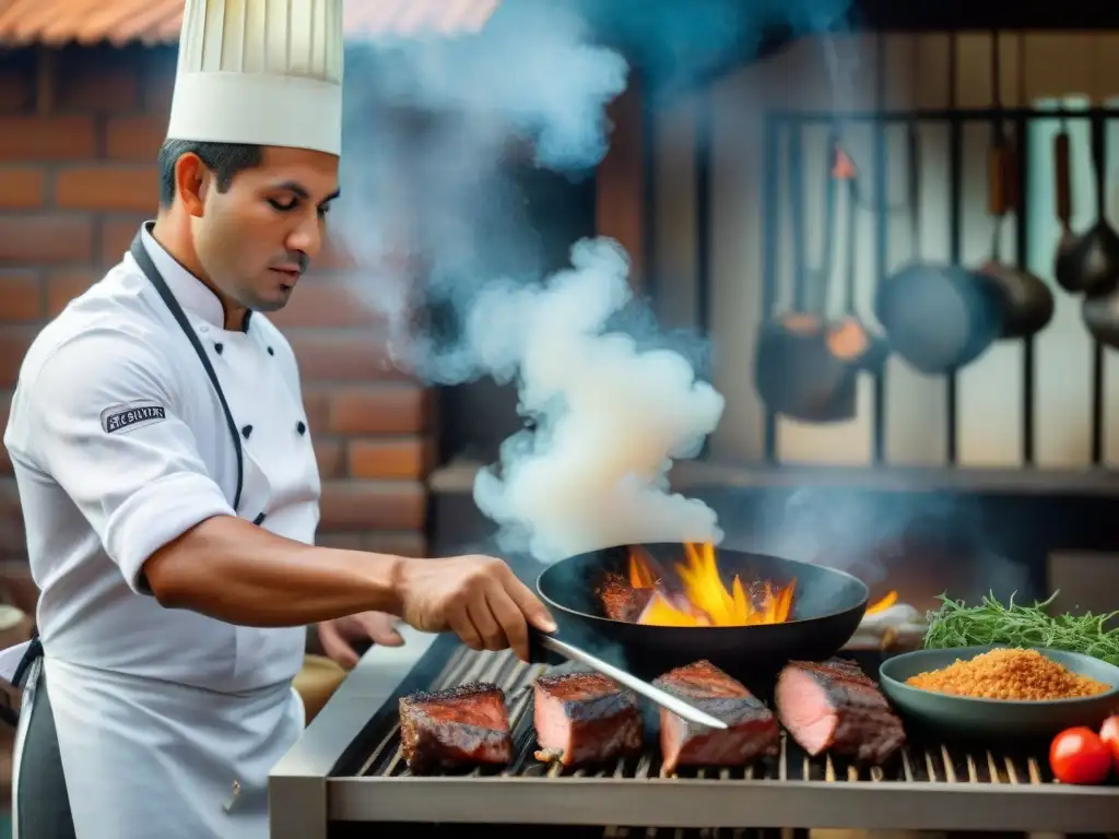 Un chef peruano grilla expertamente carnes maridadas en cocina tradicional, mostrando Técnicas modernas grillado peruano