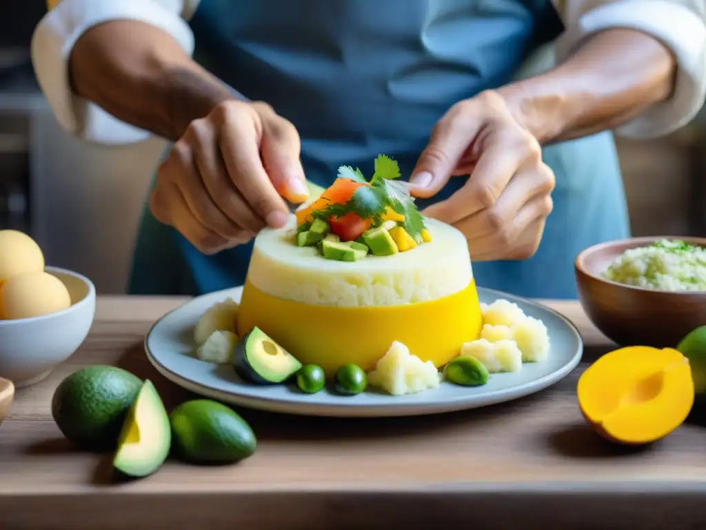 Un chef peruano prepara con maestría una causa limeña, plato icónico que evoluciona de resistencia a símbolo gastronómico