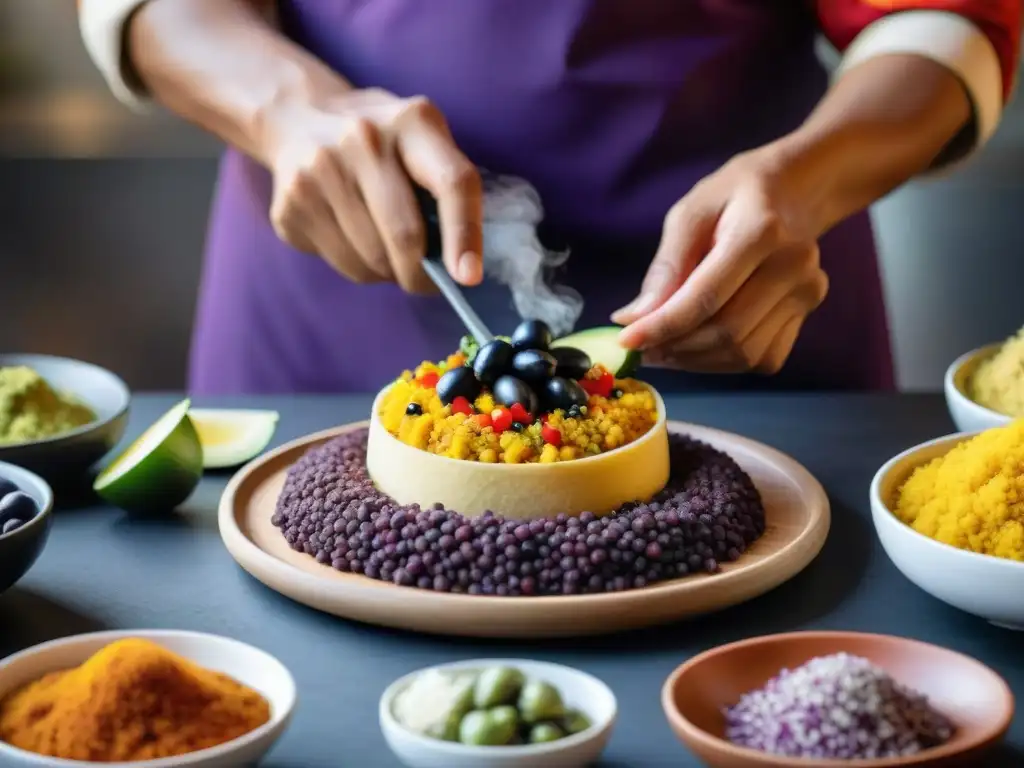 Chef peruano preparando causa rellena con ají amarillo y quinua Un chef peruano preparando una causa rellena rodeado de ingredientes vibrantes