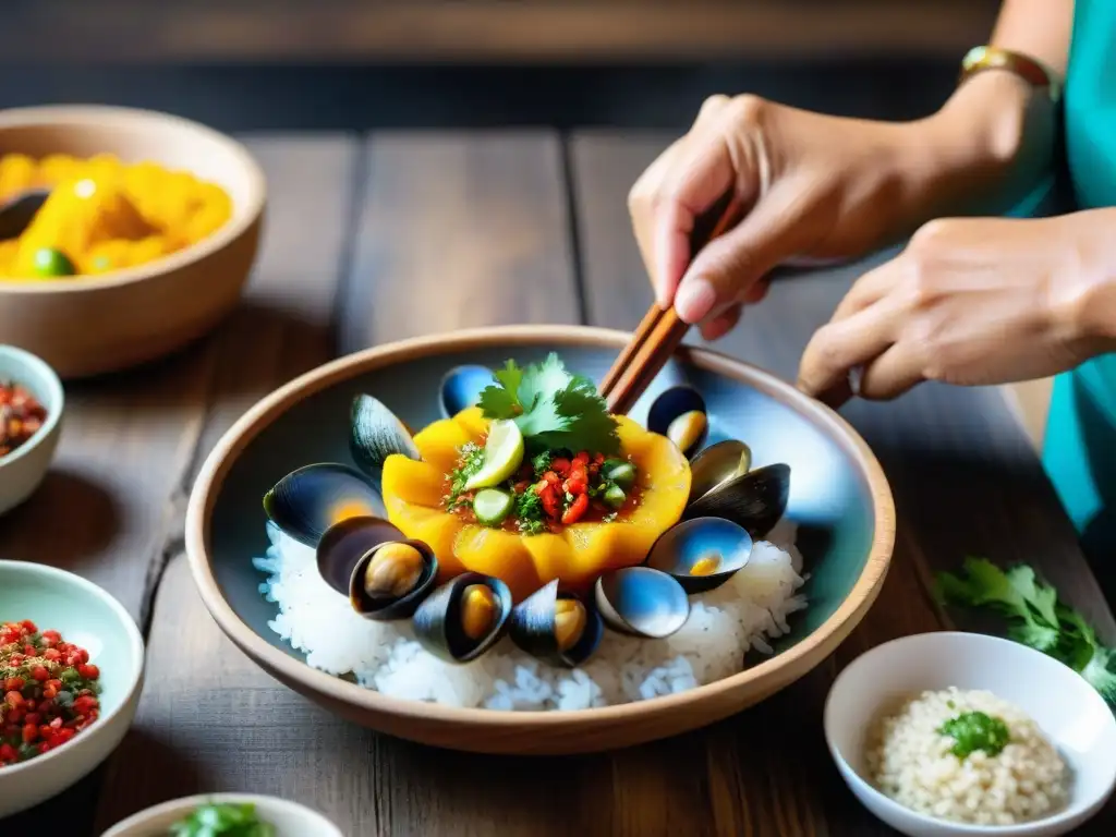 Un chef peruano preparando un Cebiche de Conchas Negras Afrodisíaco con destreza en una cocina rústica