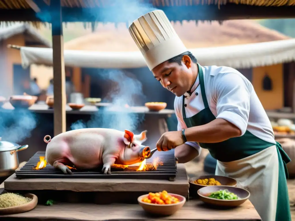 Chef peruano preparando un cerdo en Caja China en cocina rústica, rodeado de aromas y curiosos