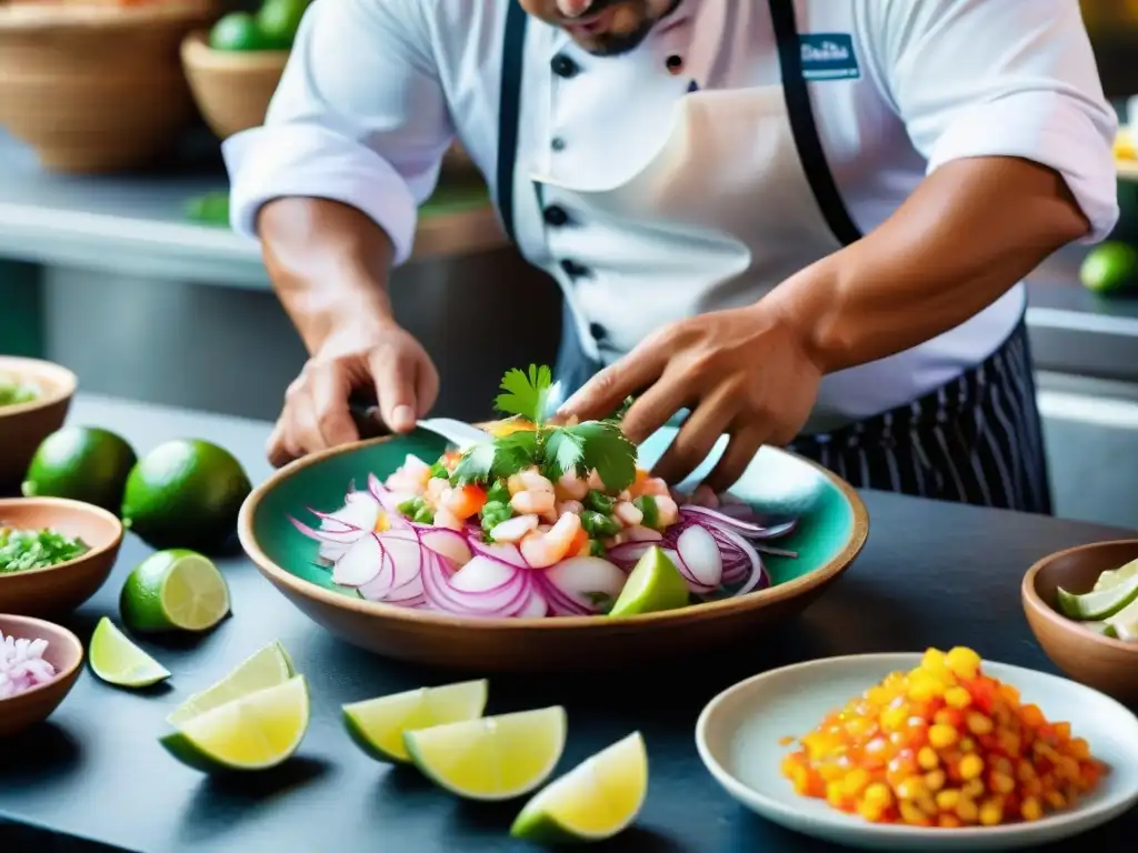 Un chef peruano preparando ceviche con precisión