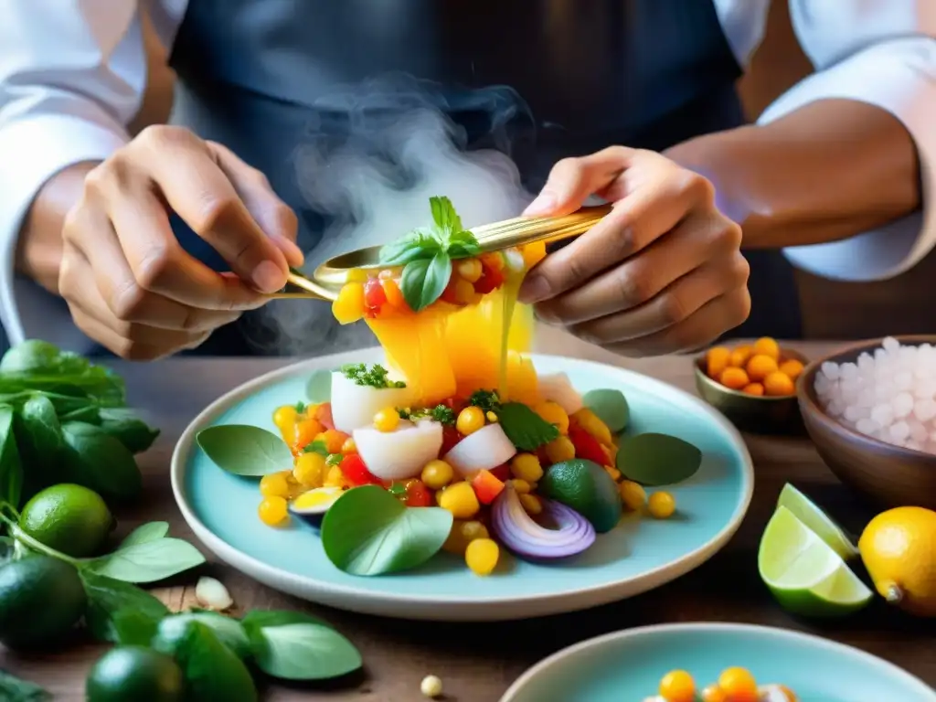 Chef peruano preparando ceviche con agua de gold berry, fusionando técnicas culinarias ancestrales y sabores innovadores