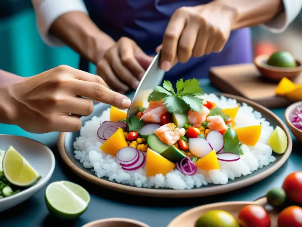 Un chef peruano prepara un ceviche con precisión y arte en un mercado, revelando Secretos del ceviche peruano auténtico