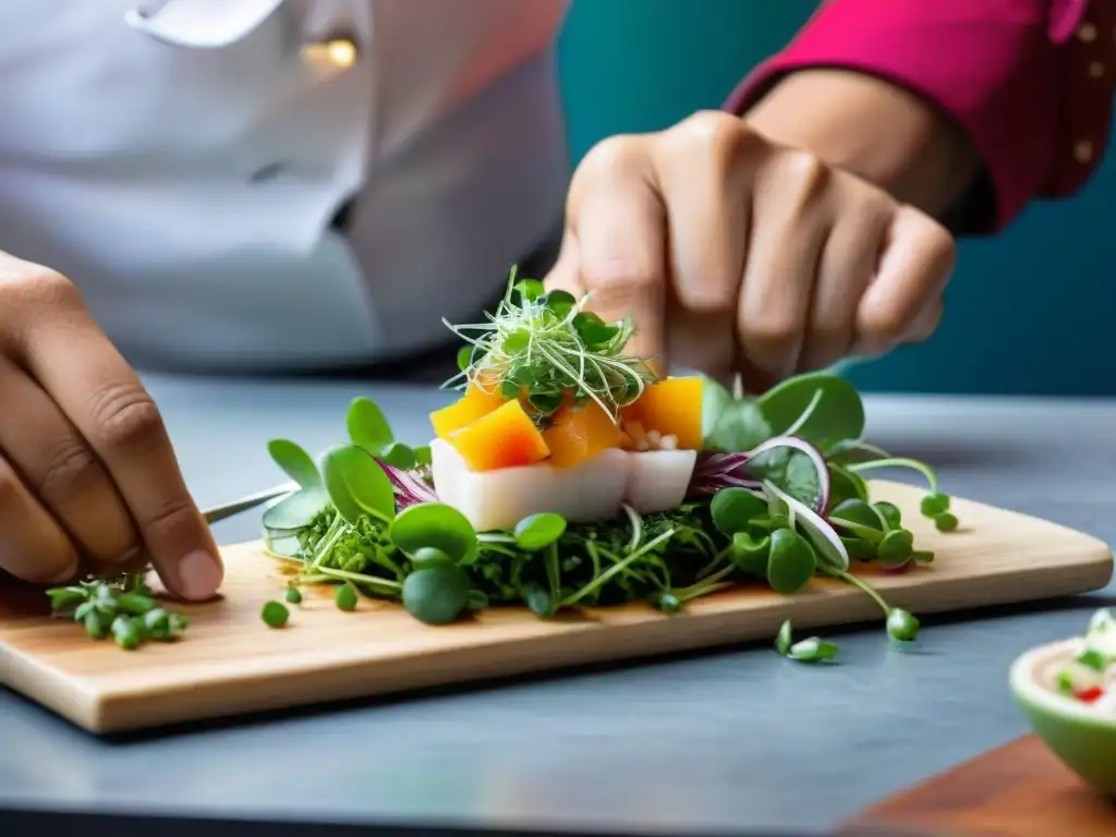 Un chef peruano adorna un ceviche con microgreens, resaltando la atención al detalle en la culinaria peruana