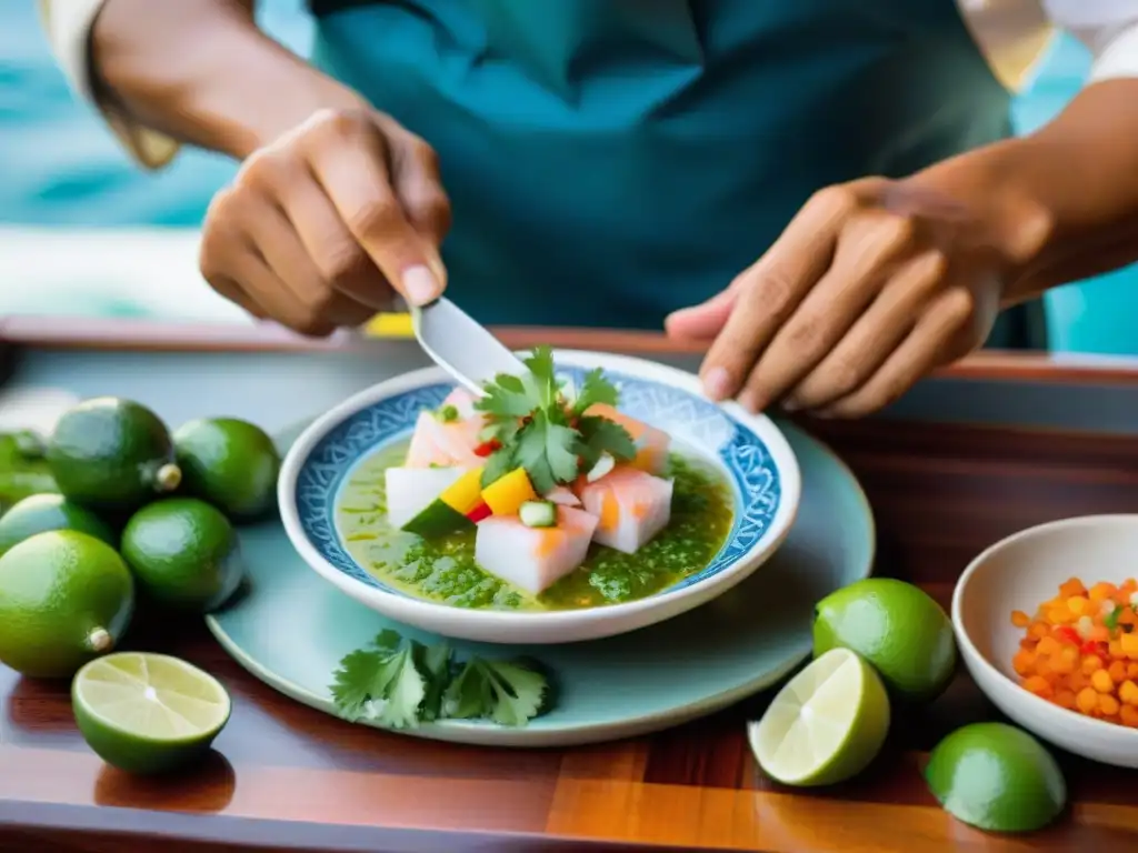 Un chef peruano prepara ceviche en un barco bajo el sol, con ingredientes frescos