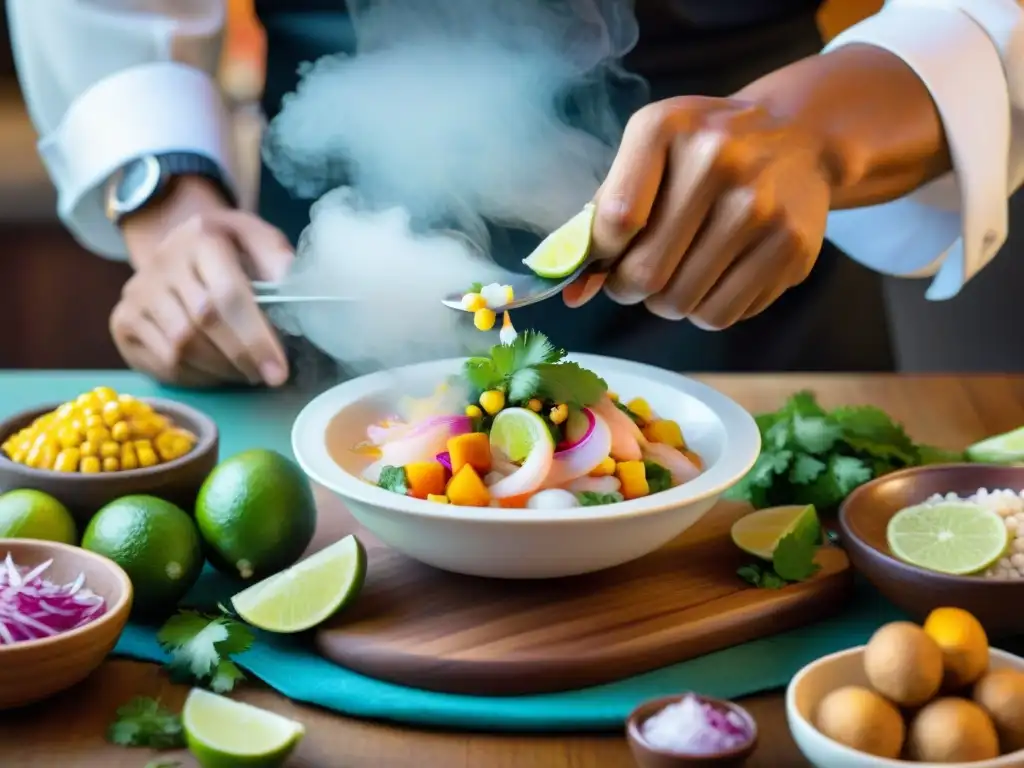 Un chef peruano preparando ceviche con bebidas tradicionales peruanas en platos