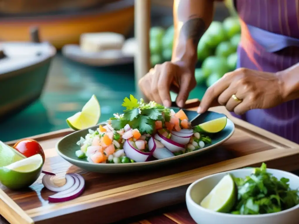 Un chef peruano preparando ceviche en un bote de madera con ingredientes frescos