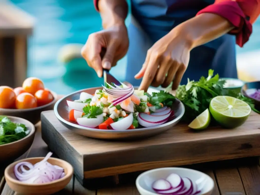 Un chef peruano prepara ceviche en un bote rodeado de ingredientes frescos