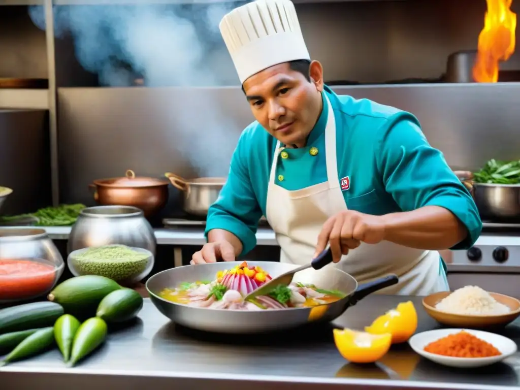 Un chef peruano preparando ceviche en una bulliciosa cocina limeña con ingredientes y utensilios tradicionales