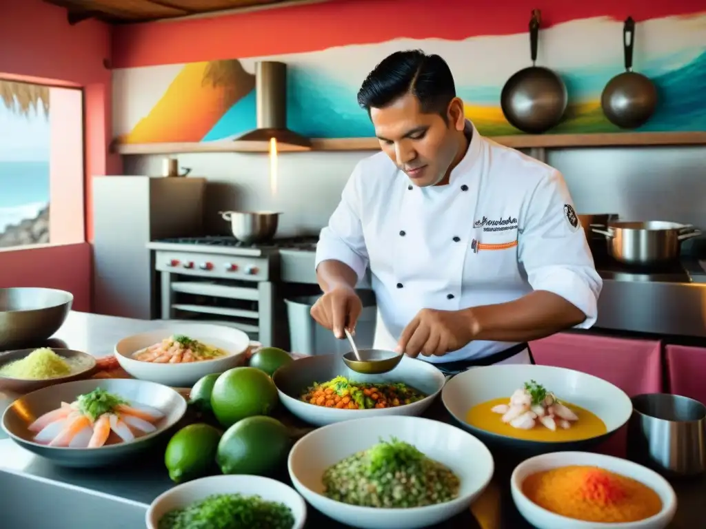 Un chef peruano preparando ceviche en una bulliciosa cocina costeña, rodeado de ingredientes tradicionales