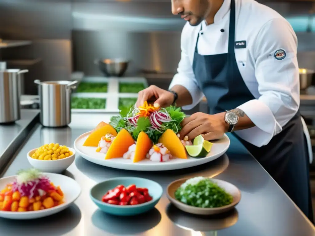 Un chef peruano prepara ceviche en una cevichería contemporánea con ingredientes frescos y coloridos