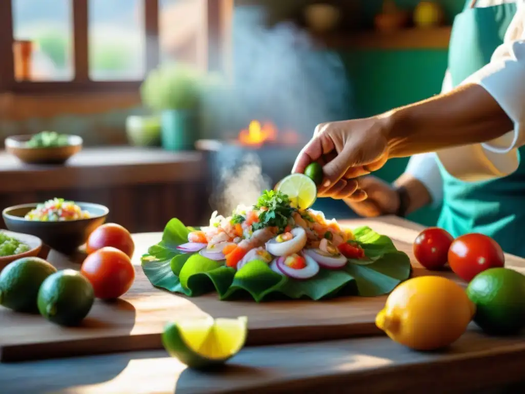 Un chef peruano preparando ceviche en una cocina costeña tradicional, mostrando destreza y coloridos ingredientes frescos