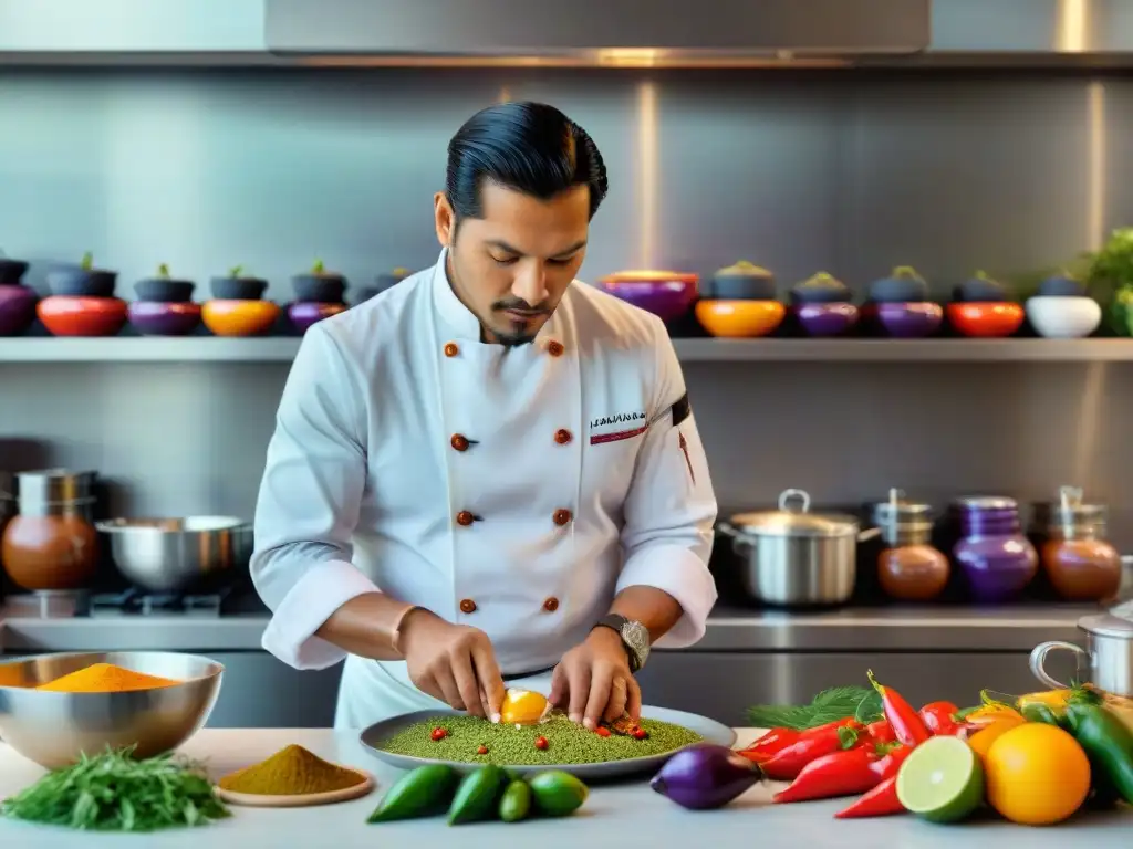 Un chef peruano preparando ceviche en cocina moderna con ingredientes tradicionales y contemporáneos