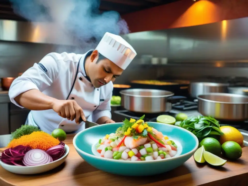 Un chef peruano prepara ceviche en una cocina vibrante de Lima