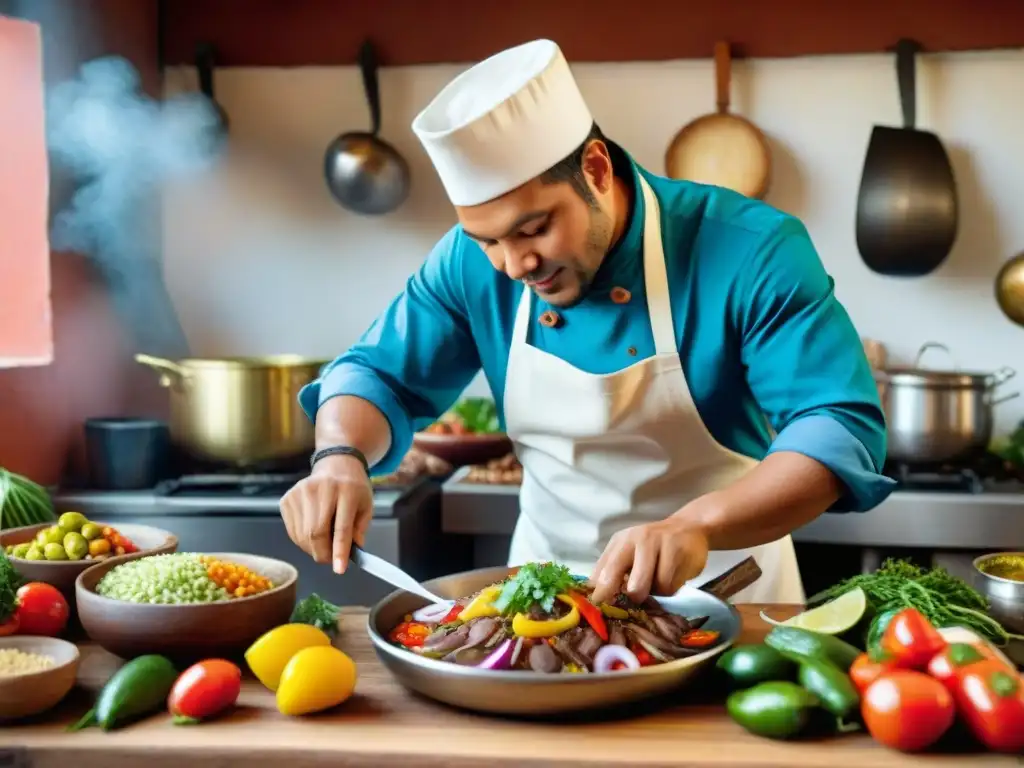 Un chef peruano preparando ceviche en cocina criolla peruana para principiantes