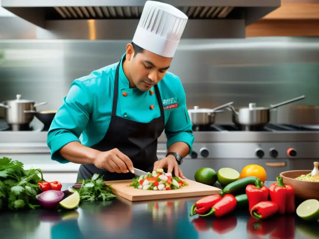 Un chef peruano preparando ceviche en cocina moderna con ingredientes frescos