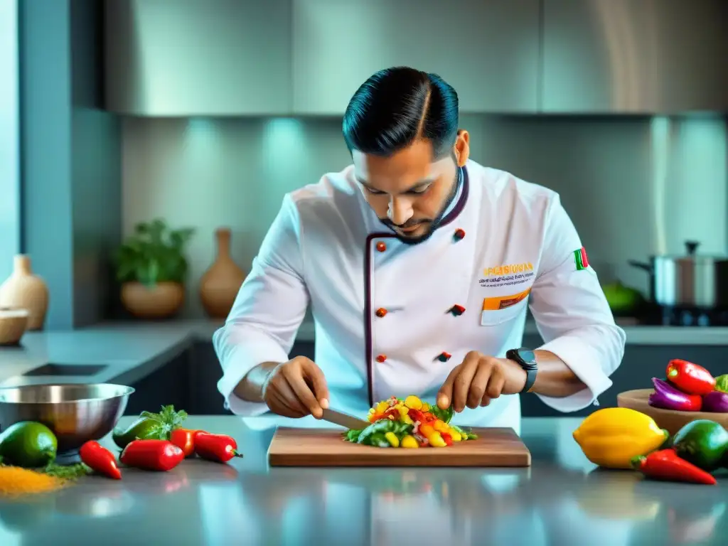 Un chef peruano prepara ceviche en cocina moderna con ingredientes frescos