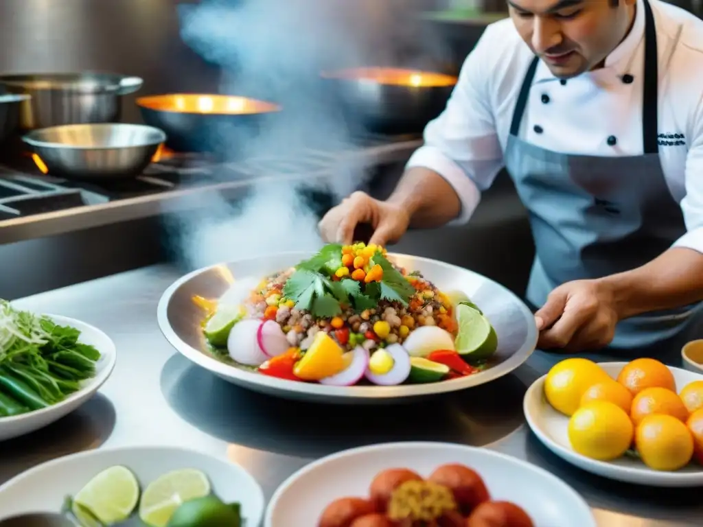 Chef peruano preparando ceviche en cocina vibrante