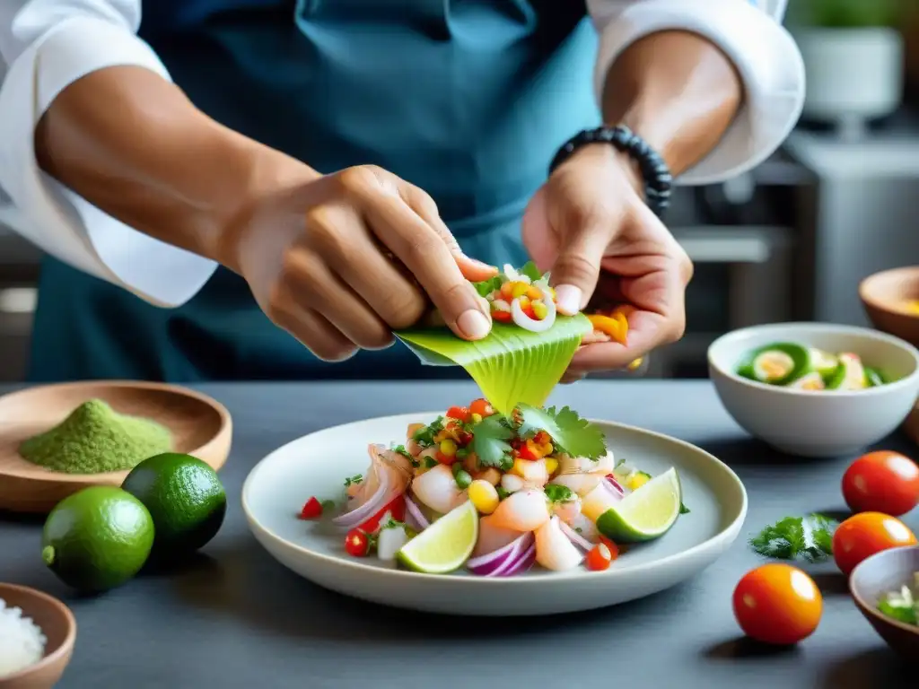 Un chef peruano prepara ceviche en cocina moderna