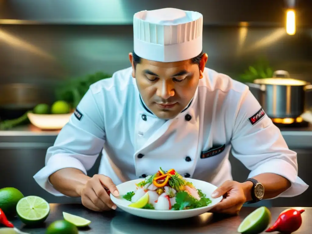 Un chef peruano preparando ceviche en cocina moderna