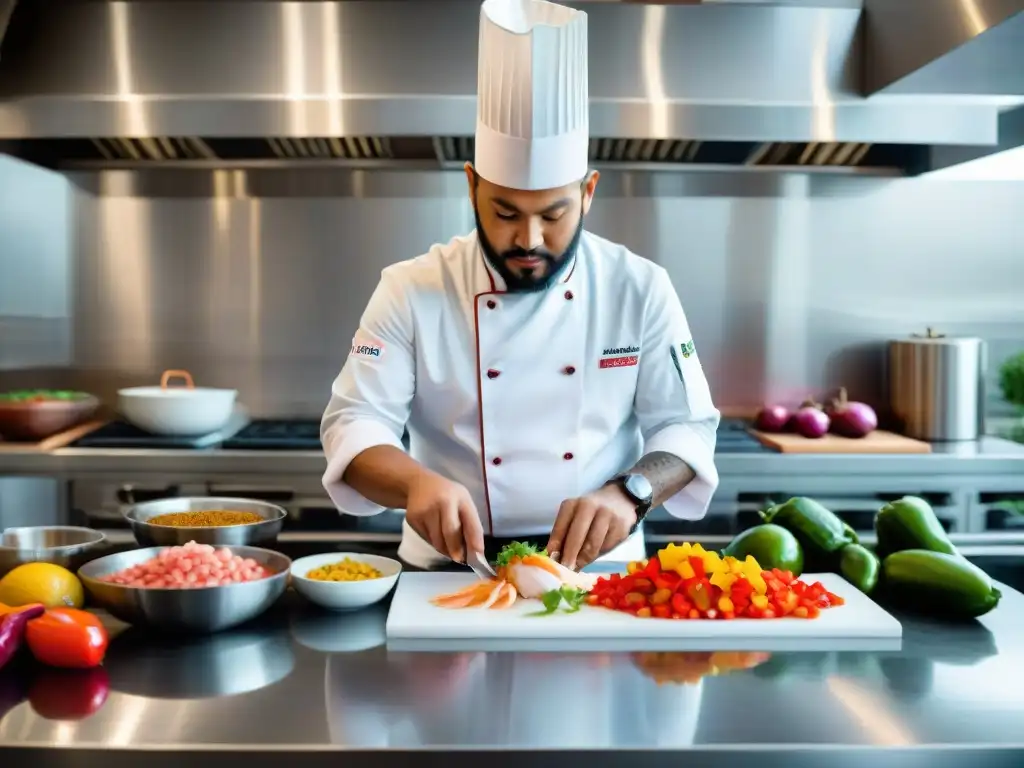 Un chef peruano prepara ceviche en cocina moderna