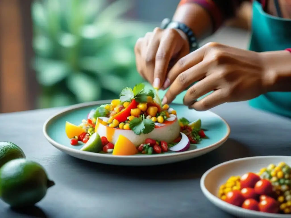 Un chef peruano preparando ceviche en una cocina tradicional, resaltando la fotografía gastronómica en Perú