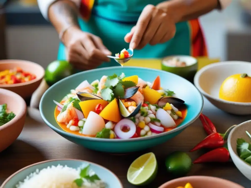 Chef peruano preparando ceviche con maestría en cocina tradicional, vibrantes colores y elementos decorativos peruanos