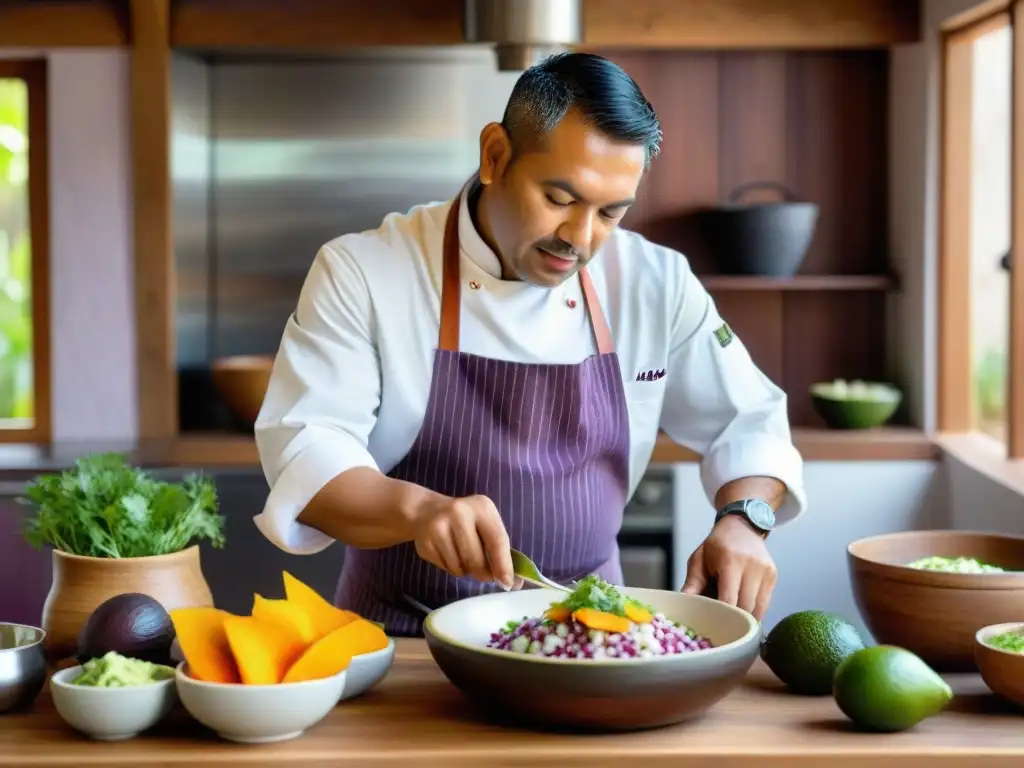 Un chef peruano prepara un Ceviche de Tarwi con maestría en una cocina rústica, resaltando la riqueza culinaria