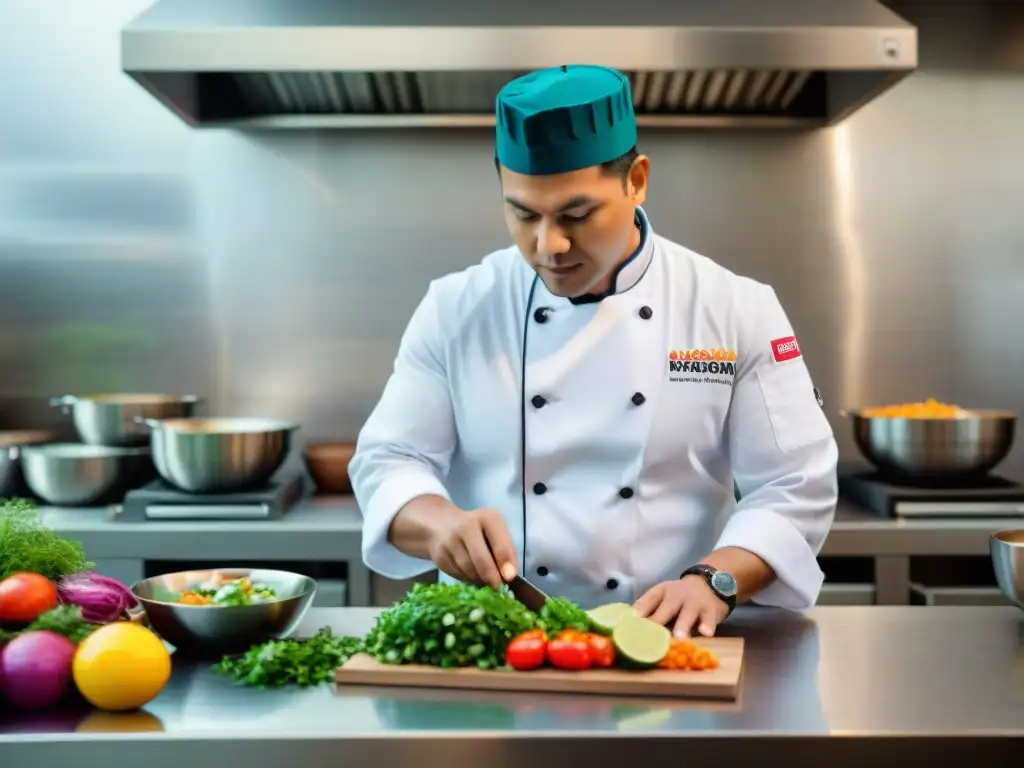 Un chef peruano prepara ceviche en cocina moderna