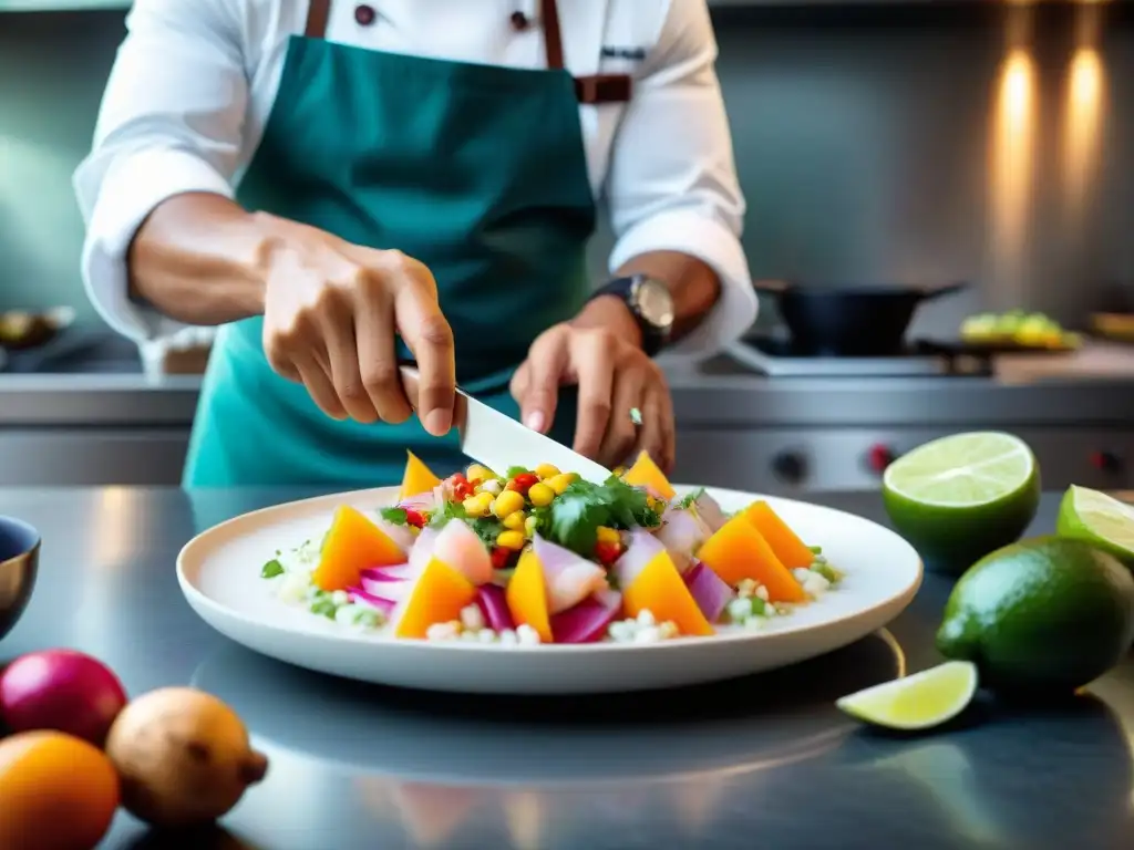 Un chef peruano prepara ceviche con precisión en una cocina moderna