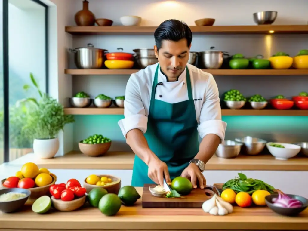 Un chef peruano preparando ceviche en una cocina moderna llena de libros de cocina peruanos recomendados