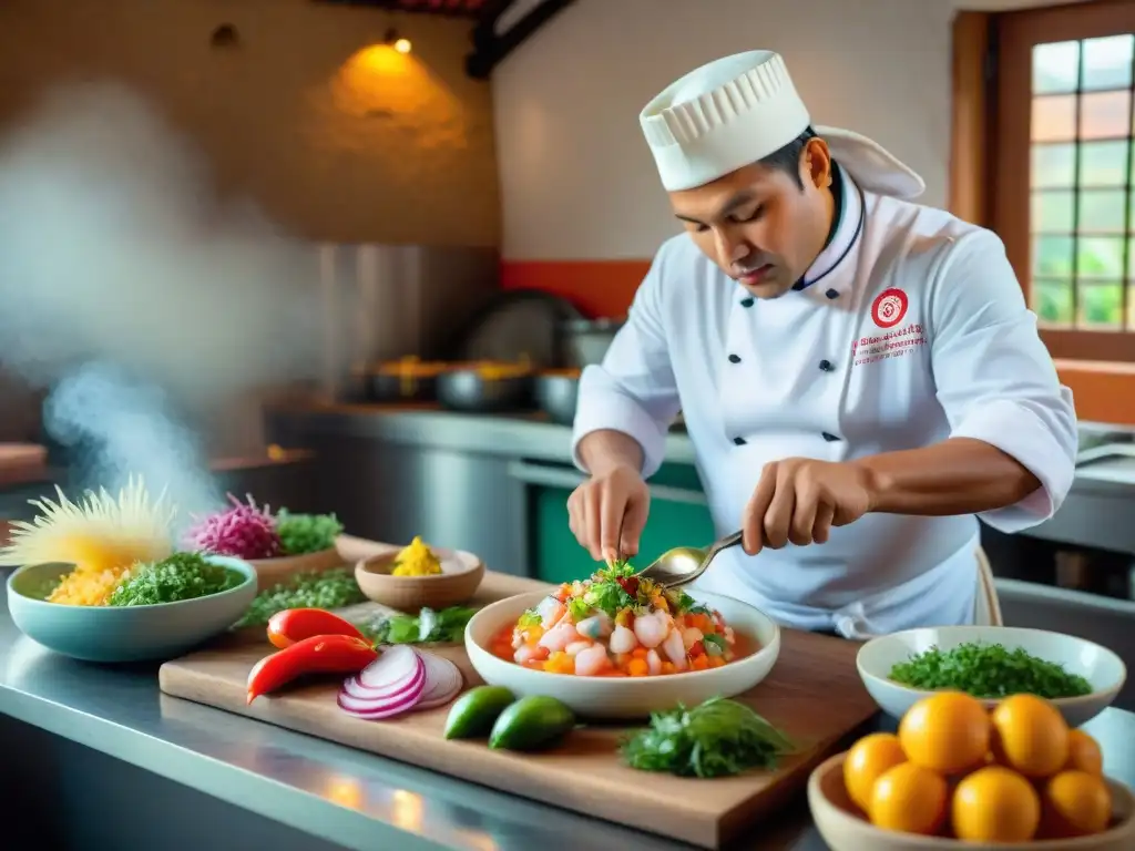 Un chef peruano prepara ceviche en una cocina rústica