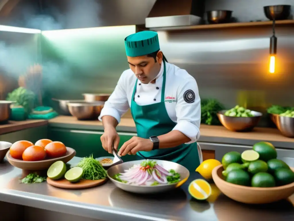 Un chef peruano prepara ceviche en una cocina tradicional, mostrando técnicas auténticas de las clases de cocina ceviche en Perú