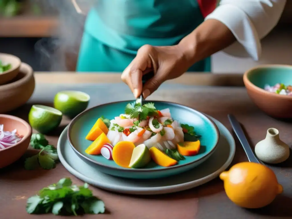 Un chef peruano en Cusco prepara ceviche con maestría en una cocina llena de aromas, mostrando la tradición culinaria