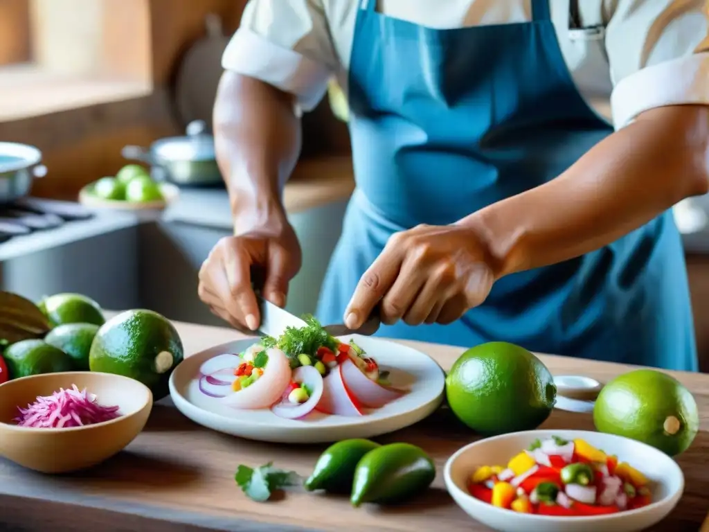 Un chef peruano preparando ceviche en una cocina rústica, representando la Preservación de la gastronomía peruana