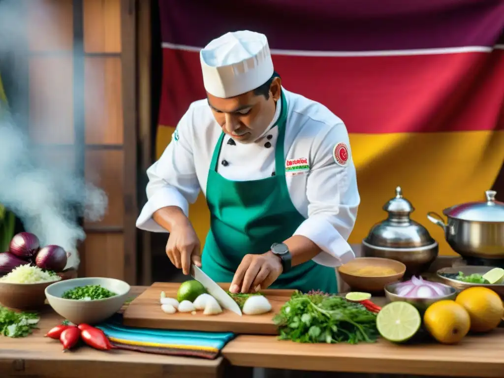 Un chef peruano preparando ceviche en una cocina tradicional