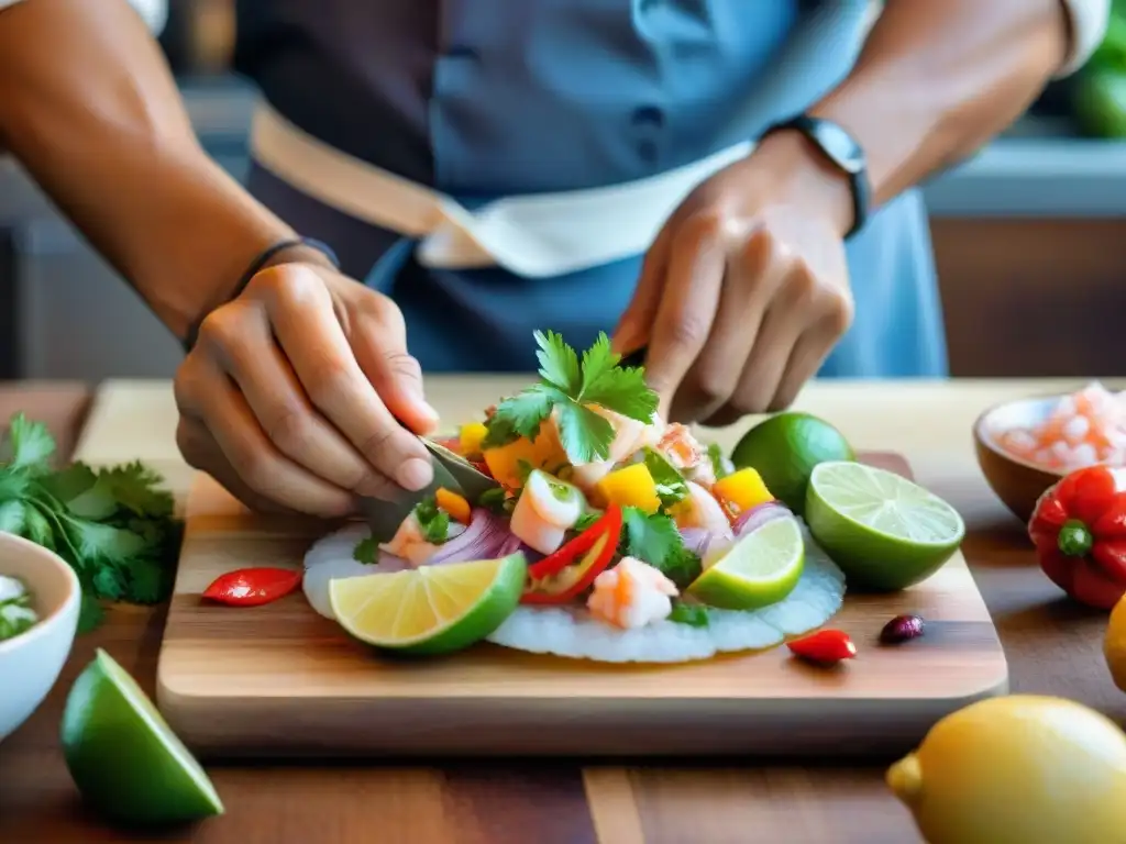 Un chef peruano prepara ceviche con maestría en una cocina vibrante, destacando el maridaje pisco peruano gastronomía mundial