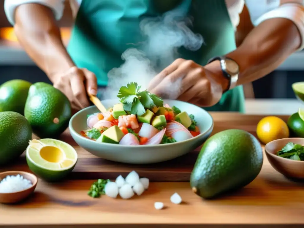 Un chef peruano preparando ceviche en cocina vibrante