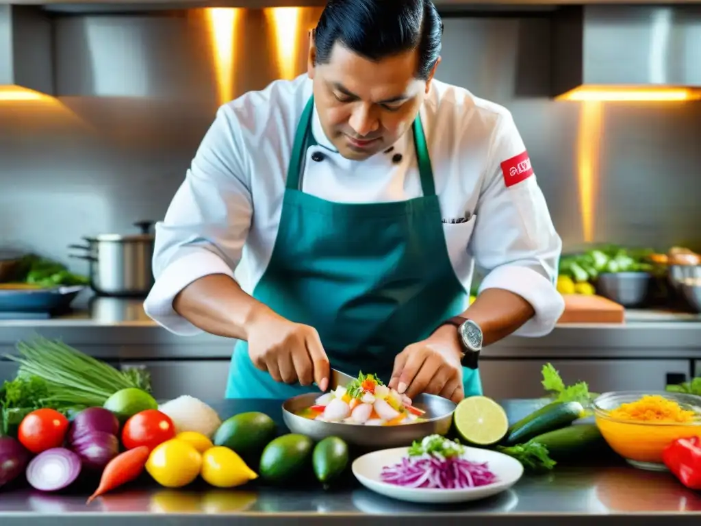 Chef peruano preparando ceviche en cocina fusionada con precisión y creatividad