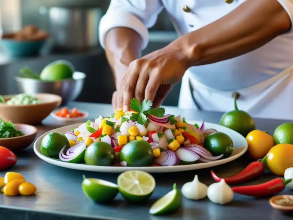 Un hábil chef peruano preparando ceviche en una cocina costeña