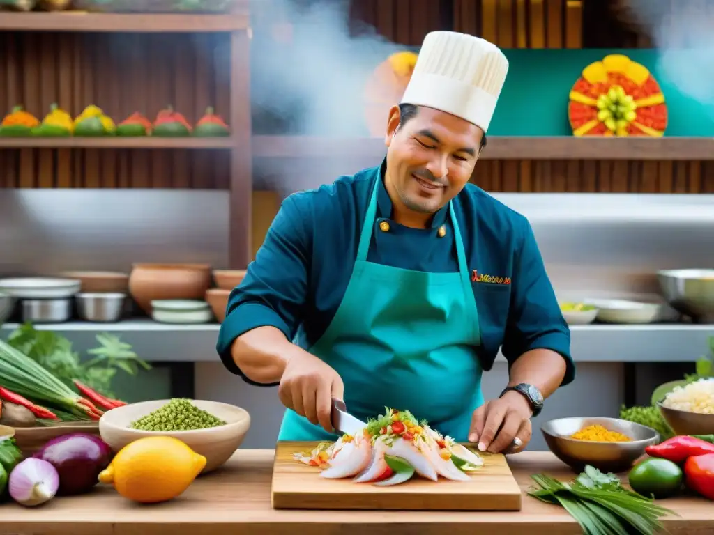 Un chef peruano preparando ceviche, resaltando los colores vibrantes y la autenticidad de la gastronomía peruana platos tradicionales