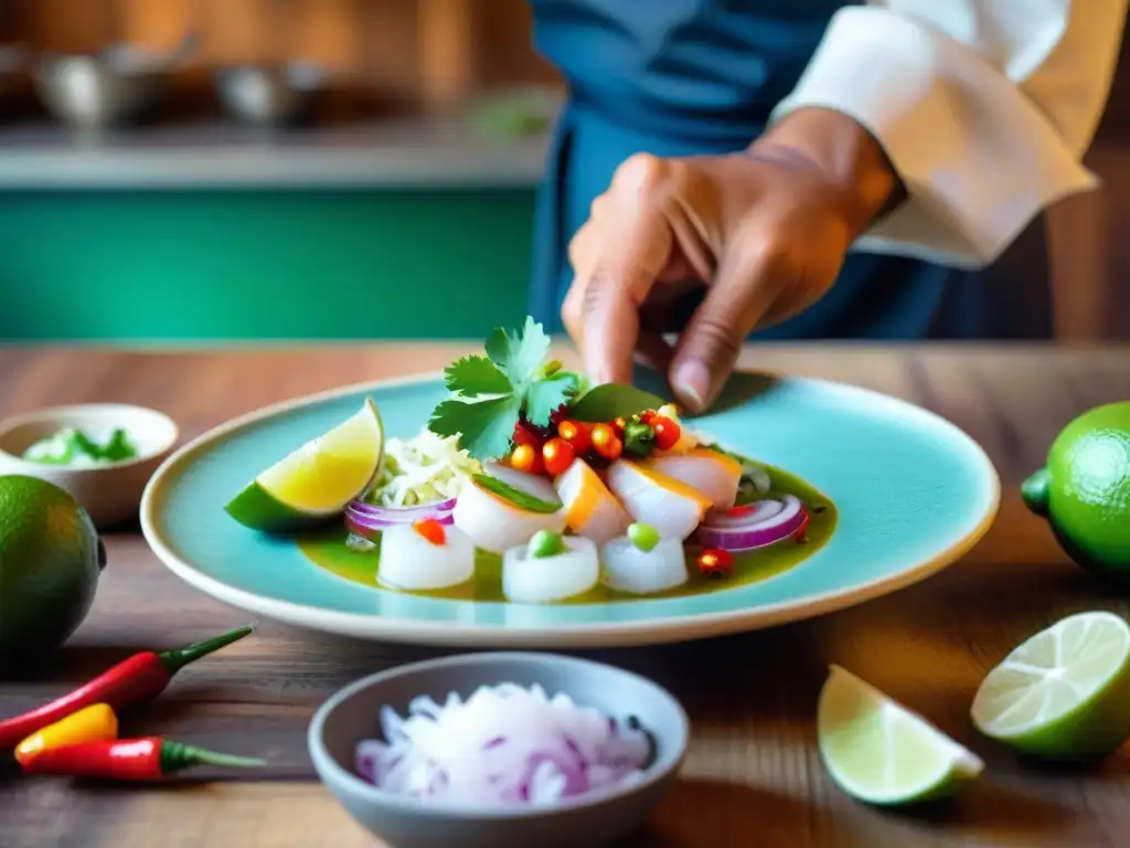 Un chef peruano prepara hábilmente un ceviche, destacando los colores vibrantes de pescado fresco, limón, cebolla y ají