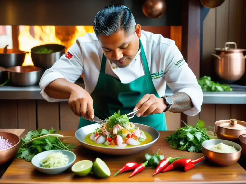 Chef peruano preparando ceviche, colores vibrantes y detalle, historia gastronomía mundial