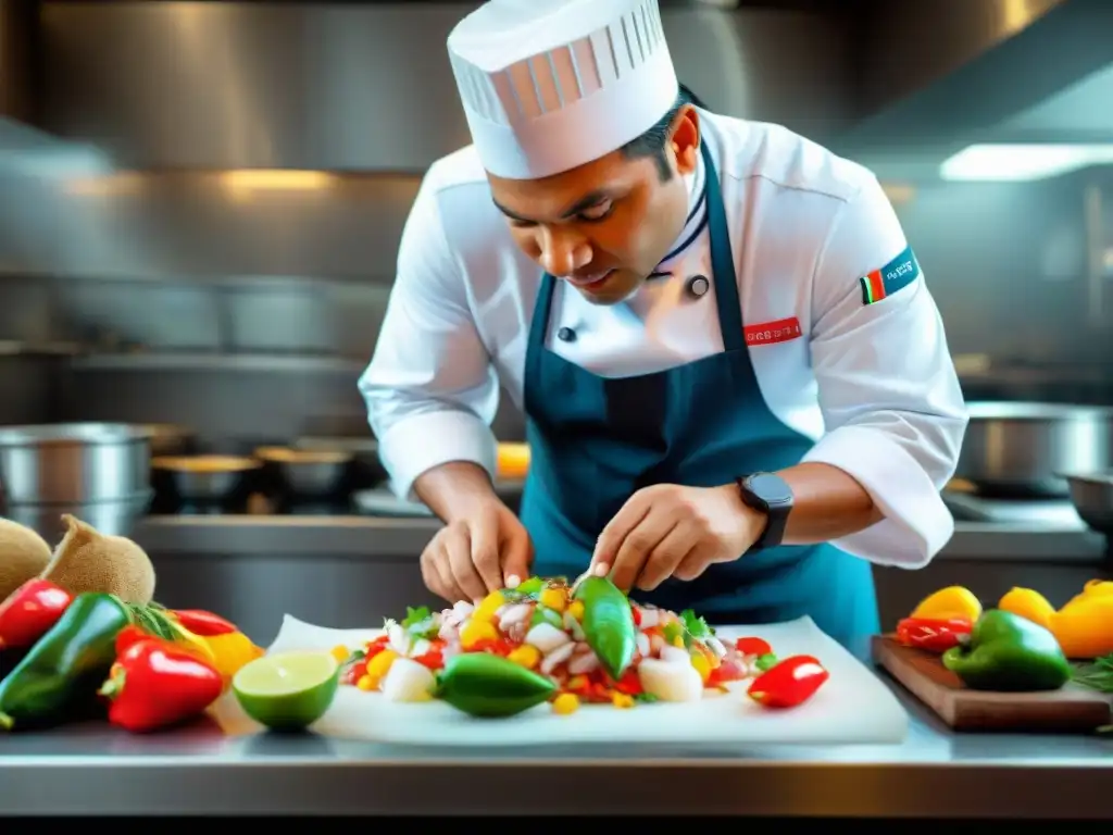 Un chef peruano preparando ceviche en concurso culinario internacional