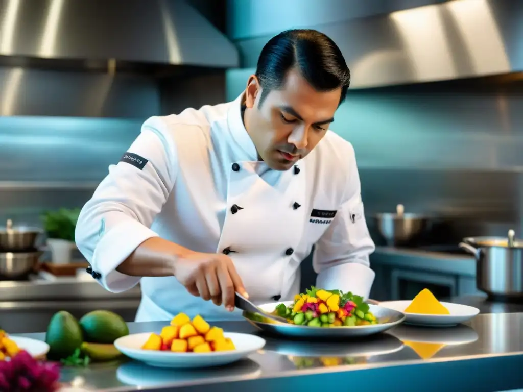 Un chef peruano prepara un ceviche contemporáneo en un elegante restaurante, mostrando la evolución de este plato tradicional