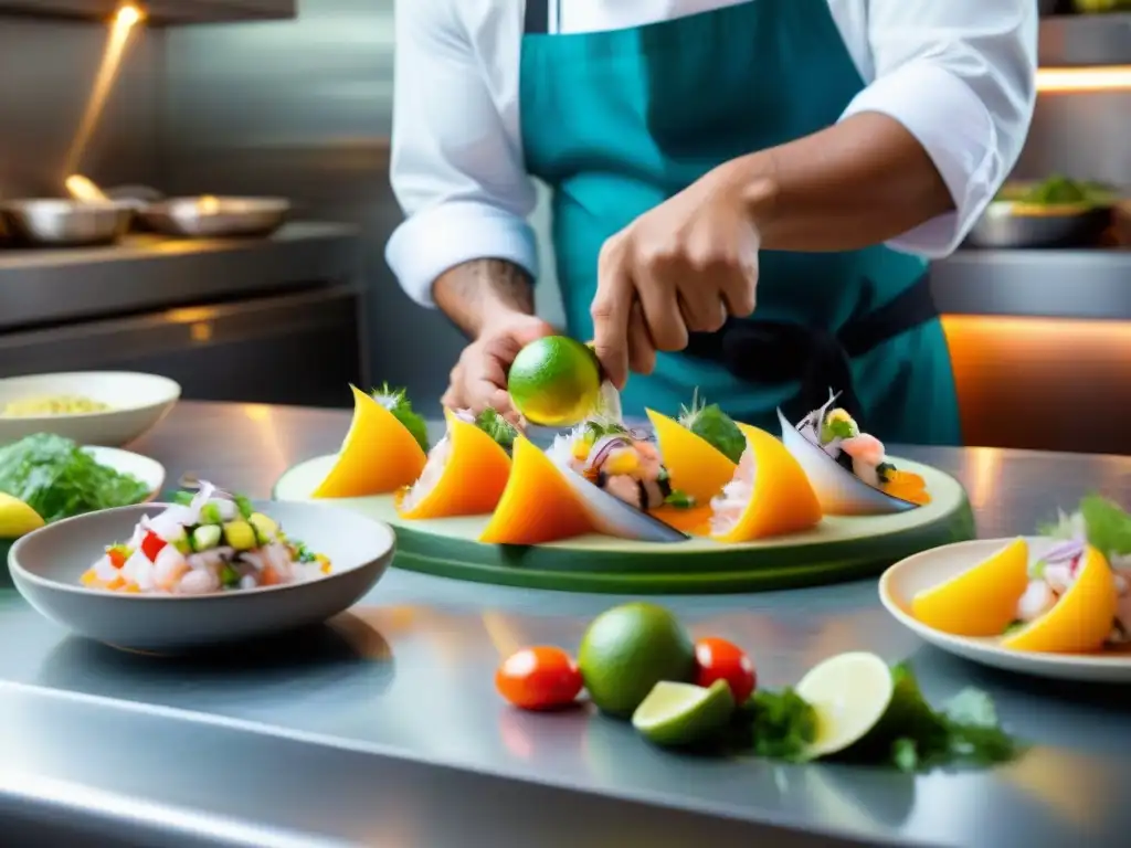 Un chef peruano preparando ceviche contemporáneo con ingredientes locales en cevichería moderna