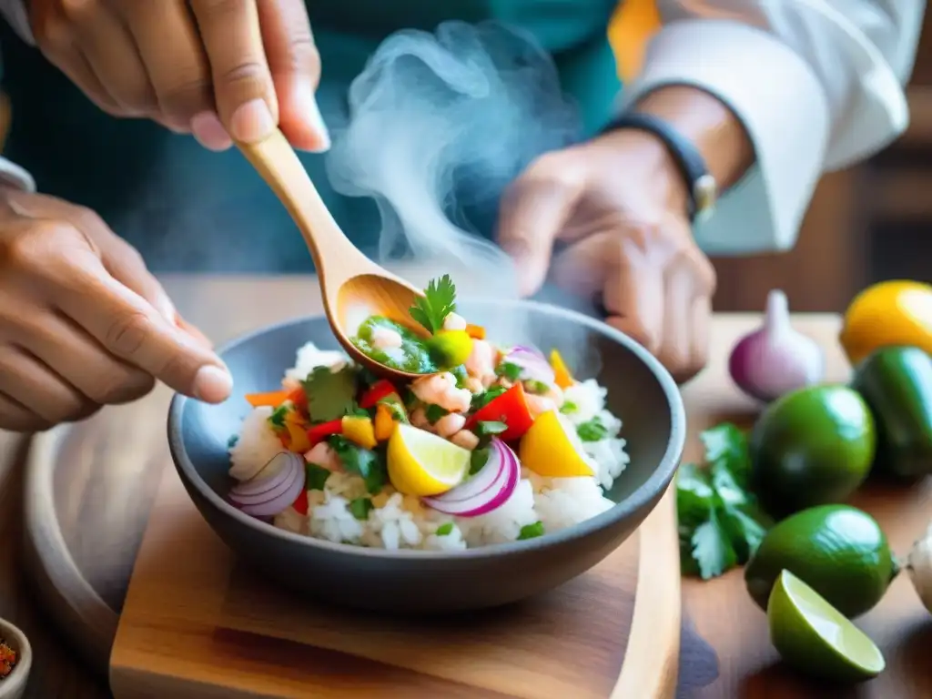 Chef peruano mezclando ceviche con cuchara de palo, mostrando la importancia y arte culinario