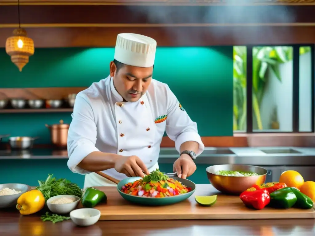 Un chef peruano prepara ceviche con dedicación, rodeado de ingredientes frescos